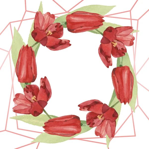 Wreath of red tulips with green leaves illustration isolated on white. Frame ornament with copy space. — Stock Photo