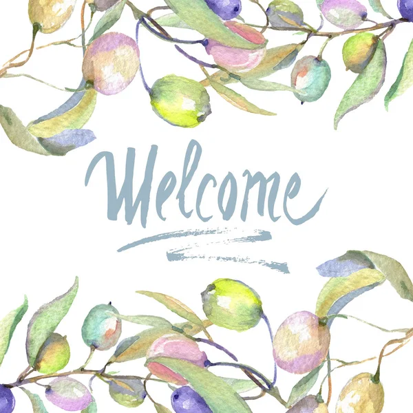 Olive branches with green fruit and leaves isolated on white. Watercolor background illustration set. Frame ornament with welcome lettering. — Stock Photo