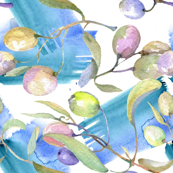 Olive branches with green fruit and leaves. Watercolor background illustration set. Seamless background pattern. — Stock Photo