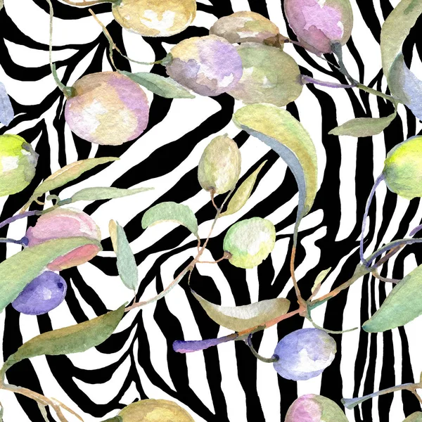 Olivenzweige mit grünen Früchten und Blättern. Aquarell Hintergrundillustration Set. nahtloses Hintergrundmuster. — Stockfoto