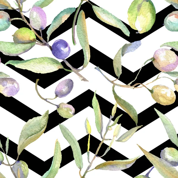 Ramas de olivo con fruta verde y hojas. Conjunto de ilustración de fondo acuarela. Patrón de fondo sin costuras . - foto de stock