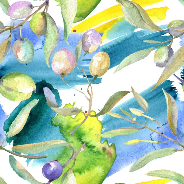 Ramas de olivo con fruta verde y hojas. Conjunto de ilustración de fondo acuarela. Patrón de fondo sin costuras . - foto de stock