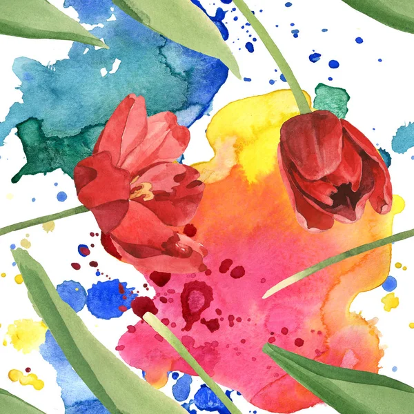 Tulipes rouges avec feuilles vertes et déversements de peinture. Ensemble d'illustration aquarelle. Modèle de fond sans couture . — Stock Photo