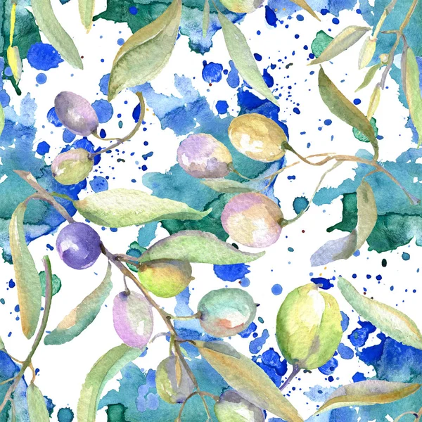Оливкові гілки з зеленими фруктами і листям. Набір ілюстрацій для акварельного фону. Безшовний візерунок тла . — стокове фото