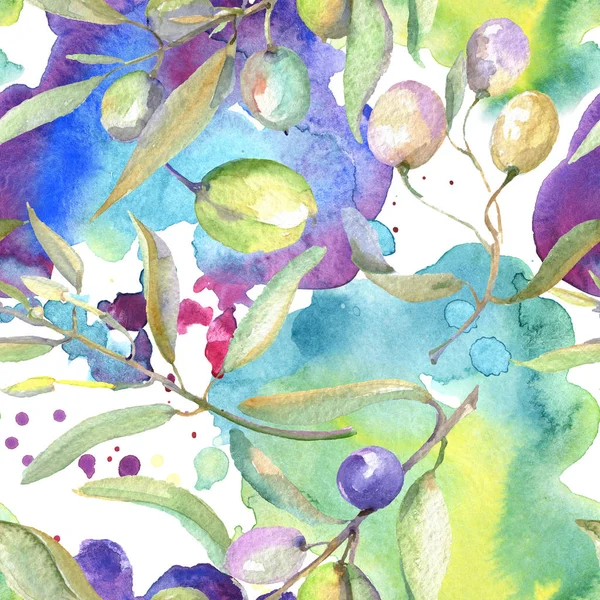 Branches d'olivier avec des fruits verts et des feuilles. Ensemble d'illustration de fond aquarelle. Modèle de fond sans couture . — Photo de stock