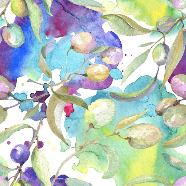 Оливковые ветви с зелеными фруктами и листьями. Набор акварельных фонов. Бесшовный рисунок фона . — стоковое фото