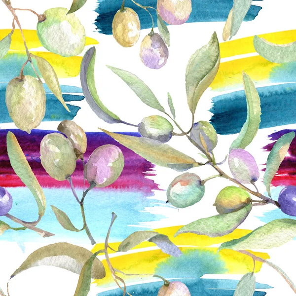 Olive branches with green fruit and leaves. Watercolor background illustration set. Seamless background pattern. — Stock Photo