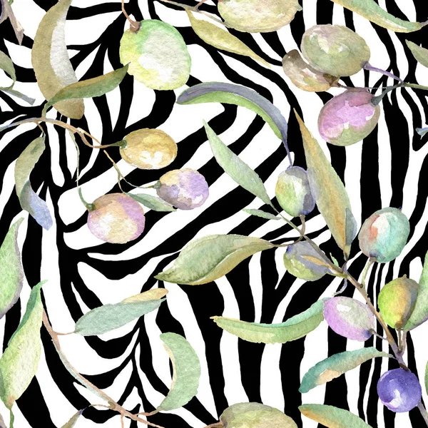Rami di ulivo con frutta e foglie verdi. Acquerello sfondo illustrazione set. Modello di sfondo senza soluzione di continuità . — Foto stock