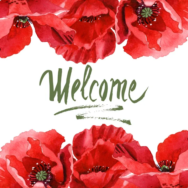 Red poppies isolated on white. Watercolor background illustration set. Frame ornament with welcome lettering. — Stock Photo