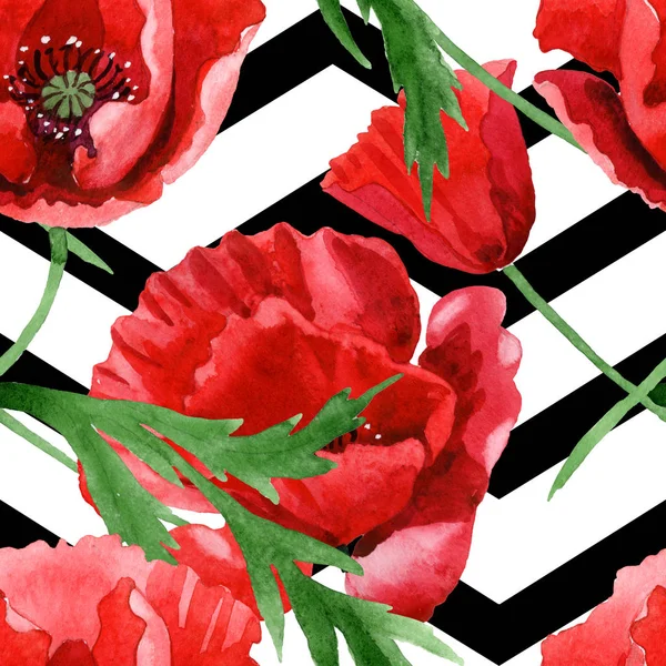 Red poppies with green leaves watercolor illustration set. Seamless background pattern. — Stock Photo