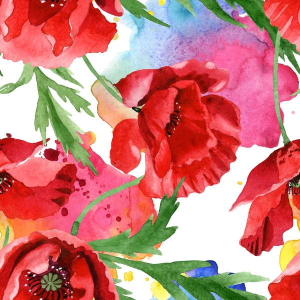 Rote Mohnblumen mit grünen Blättern Aquarell-Illustrationsset. nahtloses Hintergrundmuster. — Stockfoto