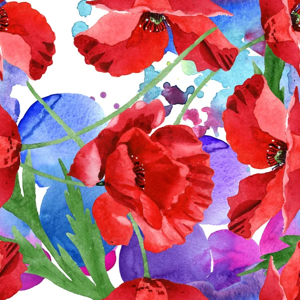 Red poppies with green leaves watercolor illustration set. Seamless background pattern. — Stock Photo