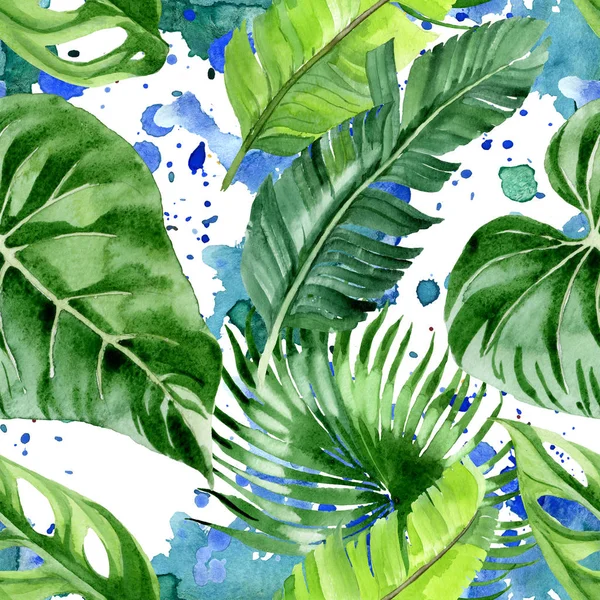 Exotic tropical hawaiian palm tree leaves. Watercolor background illustration set. Seamless background pattern. — Stock Photo