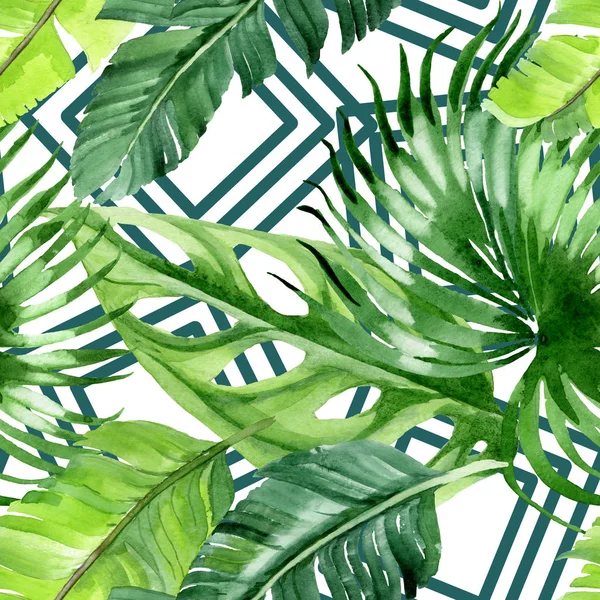 Exotic tropical hawaiian palm tree leaves. Watercolor background illustration set. Seamless background pattern. — Stock Photo