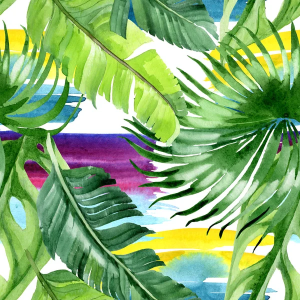 Exotic tropical hawaiian palm tree leaves. Watercolor background illustration set. Seamless background pattern. — Stock Photo