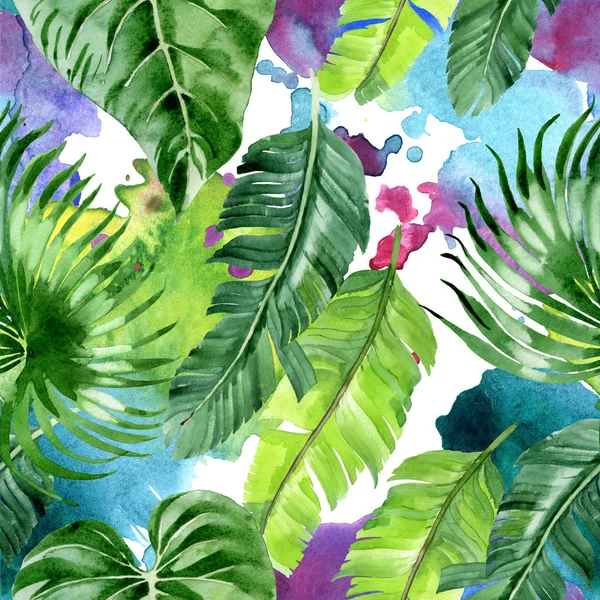 Exotic tropical hawaiian palm tree leaves. Watercolor background illustration set. Seamless background pattern. — Stock Photo