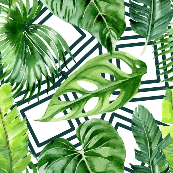 Exotic tropical hawaiian palm tree leaves. Watercolor background illustration set. Seamless background pattern. — Stock Photo