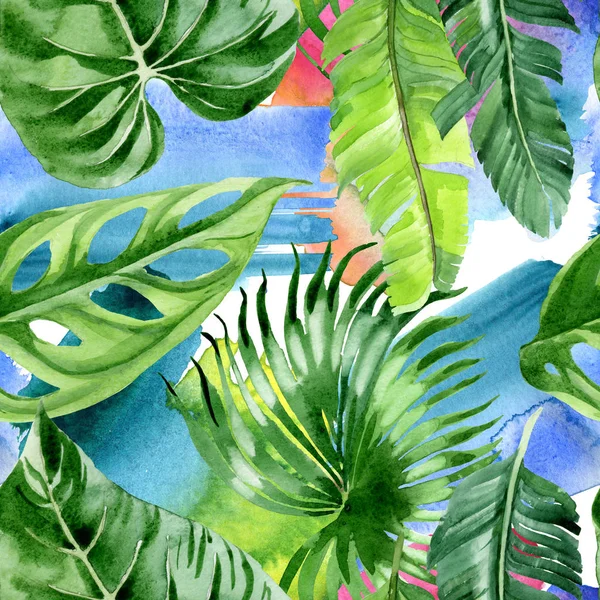 Exotic tropical hawaiian palm tree leaves. Watercolor background illustration set. Seamless background pattern. — Stock Photo