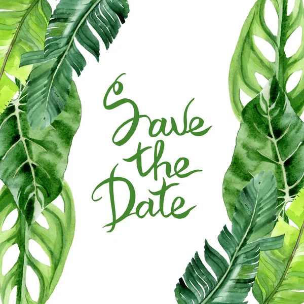 Exotic tropical hawaiian palm tree leaves isolated on white. Watercolor background illustration set. Frame ornament with save the date lettering. — Stock Photo