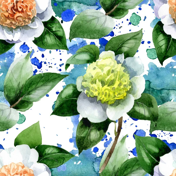 Fleurs de camélia blanc avec feuilles vertes aquarelle ensemble d'illustration. Modèle de fond sans couture . — Photo de stock