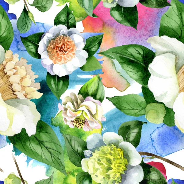 Weiße Kamelienblüten mit grünen Blättern Aquarell Illustrationsset. nahtloses Hintergrundmuster. — Stockfoto