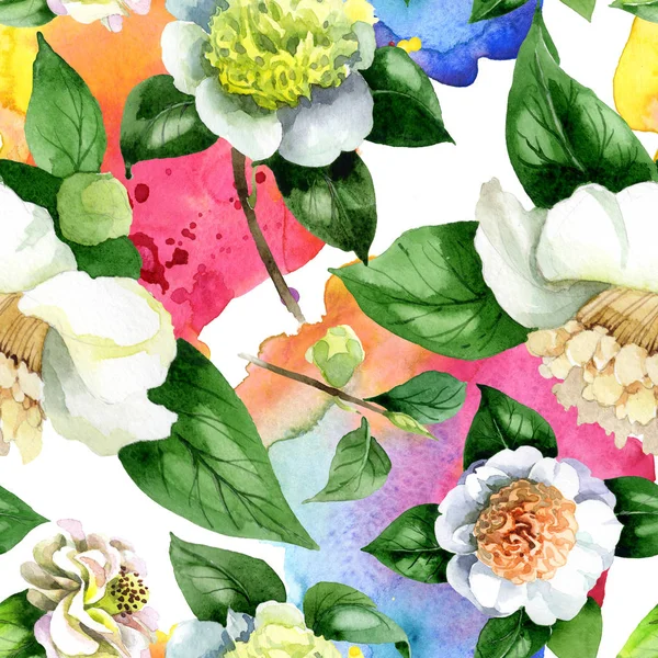 White camellia flowers with green leaves watercolor illustration set. Seamless background pattern. — Stock Photo