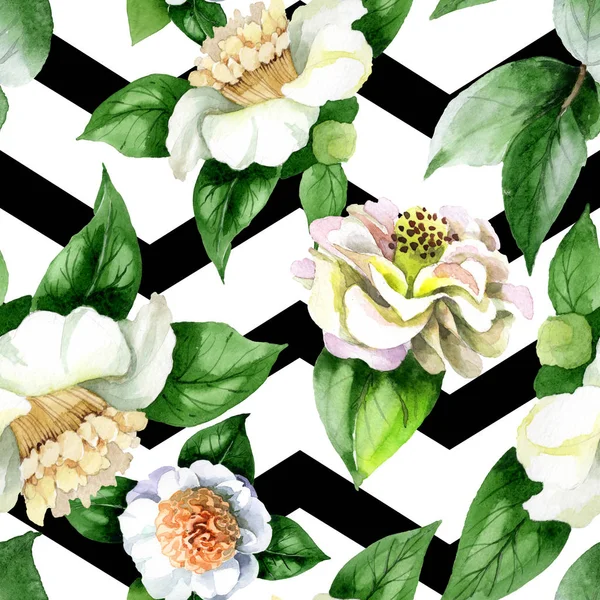 Weiße Kamelienblüten mit grünen Blättern Aquarell Illustrationsset. nahtloses Hintergrundmuster. — Stockfoto