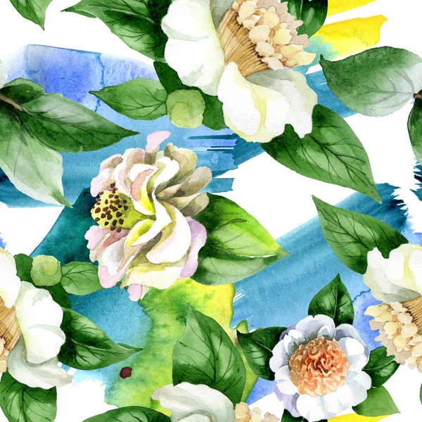 Fleurs de camélia blanc avec feuilles vertes aquarelle ensemble d'illustration. Modèle de fond sans couture . — Photo de stock