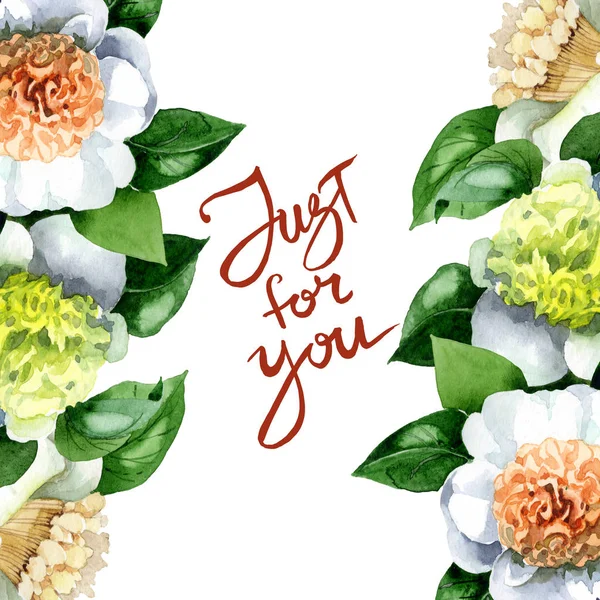 White camellia flowers with green leaves isolated on white. Watercolor background illustration set. Frame border ornament with just for you lettering. — Stock Photo