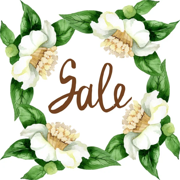 White camellia flowers with green leaves isolated on white. Watercolor background illustration set. Frame border ornament with sale lettering. — Stock Photo