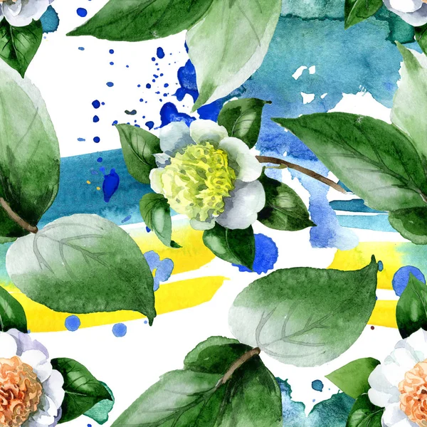 White camellia flowers with green leaves watercolor illustration set. Seamless background pattern. — Stock Photo