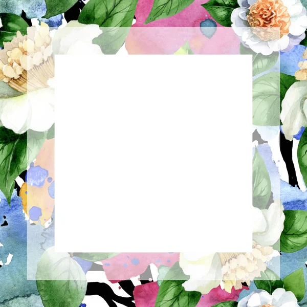 Flores brancas de camélia com folhas verdes isoladas em branco. Conjunto de ilustração de fundo aquarela. Ornamento de borda de quadro com espaço de cópia . — Fotografia de Stock