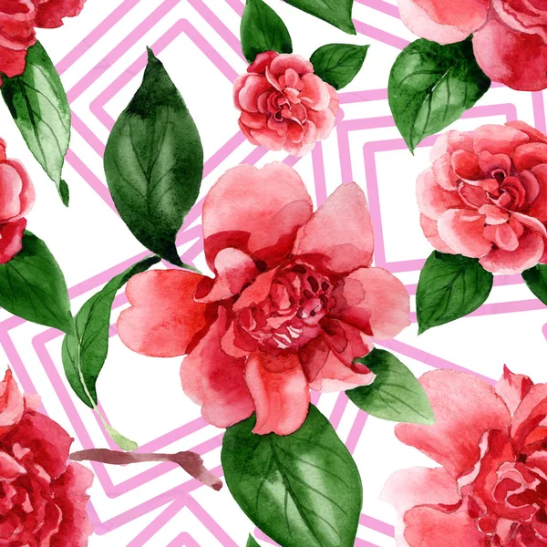 Pink camellia flowers with green leaves. Watercolor illustration set. Seamless background pattern. — Stock Photo