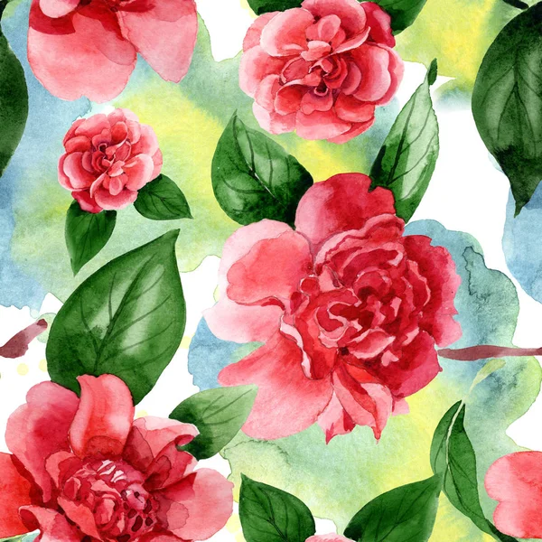 Pink camellia flowers with green leaves. Watercolor illustration set. Seamless background pattern. — Stock Photo