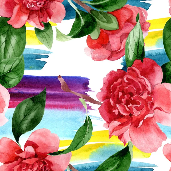 Pink camellia flowers with green leaves. Watercolor illustration set. Seamless background pattern. — Stock Photo