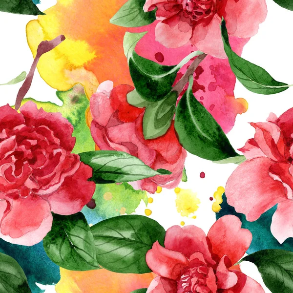 Pink camellia flowers with green leaves. Watercolor illustration set. Seamless background pattern. — Stock Photo