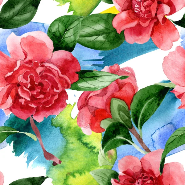 Pink camellia flowers with green leaves. Watercolor illustration set. Seamless background pattern. — Stock Photo