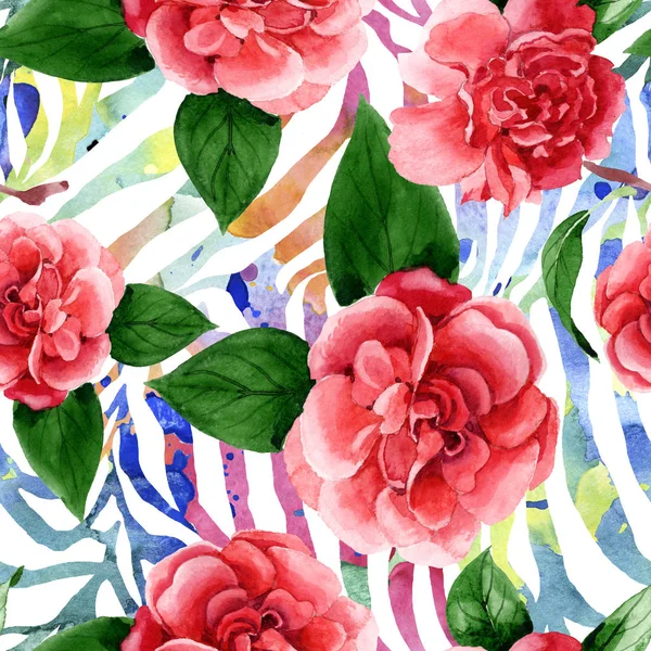 Pink camellia flowers with green leaves. Watercolor illustration set. Seamless background pattern. — Stock Photo