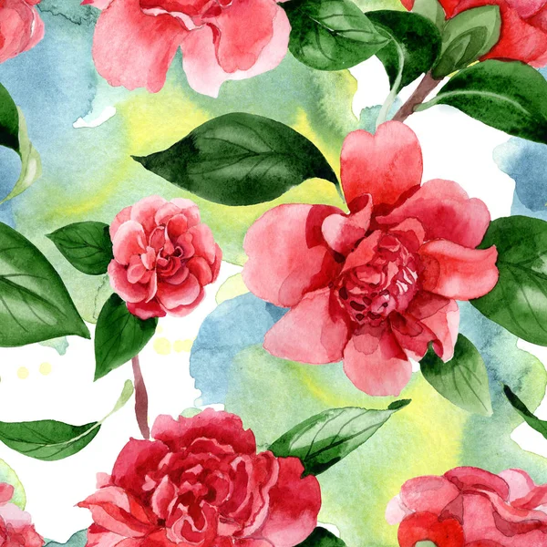 Rosa Kamelienblüten mit grünen Blättern. Aquarell-Illustrationsset vorhanden. nahtloses Hintergrundmuster. — Stockfoto