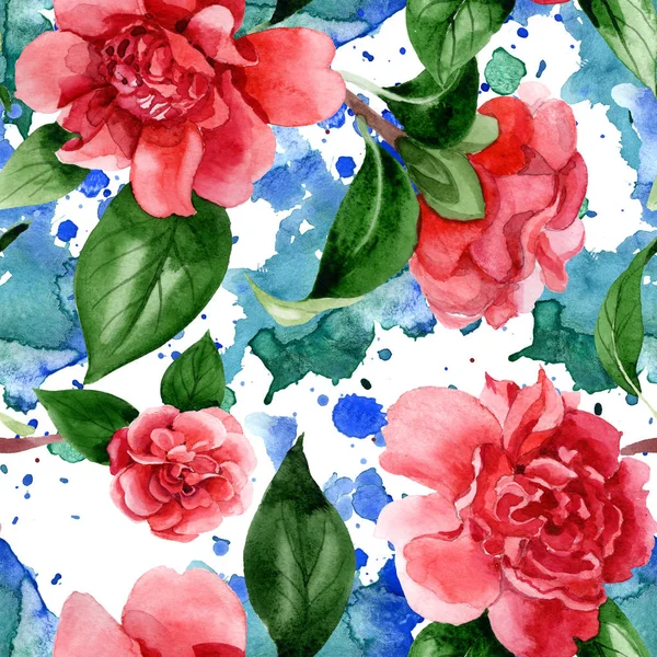 Pink camellia flowers with green leaves. Watercolor illustration set. Seamless background pattern. — Stock Photo