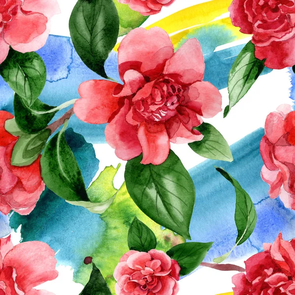 Pink camellia flowers with green leaves. Watercolor illustration set. Seamless background pattern. — Stock Photo