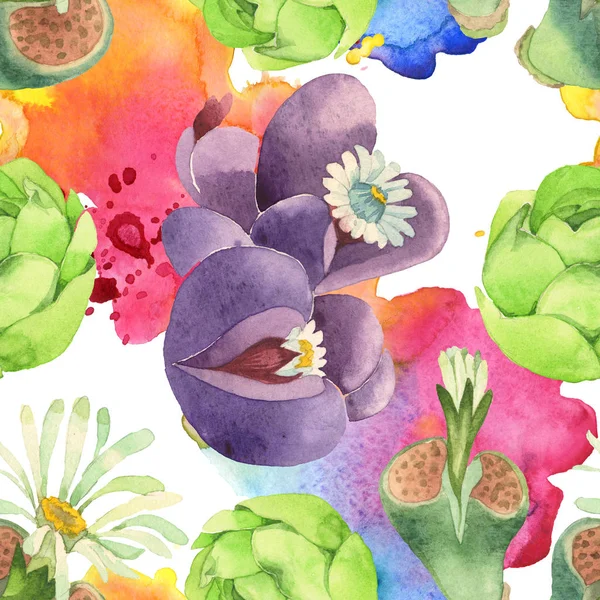 Fleur botanique florale succulente. Feuille de printemps sauvage fleur sauvage. Ensemble d'illustration aquarelle. Aquarelle dessin mode aquarelle. Modèle de fond sans couture. Texture d'impression papier peint tissu . — Photo de stock