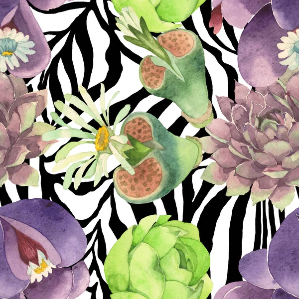 Succulent floral botanical flower. Wild spring leaf wildflower. Watercolor illustration set. Watercolour drawing fashion aquarelle. Seamless background pattern. Fabric wallpaper print texture. — Stock Photo