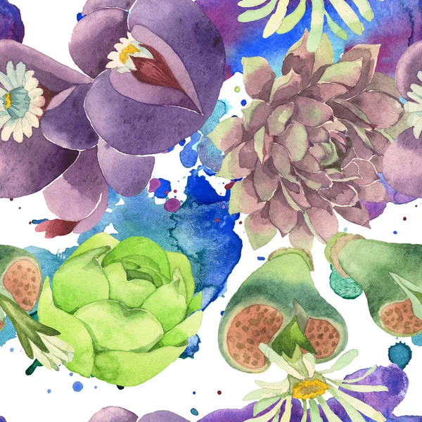 Sukkulente florale botanische Blume. wilde Frühlingsblume. Aquarell-Illustrationsset vorhanden. Aquarell zeichnen Mode-Aquarell. nahtlose Hintergrundmuster. Stoff Tapete drucken Textur. — Stockfoto