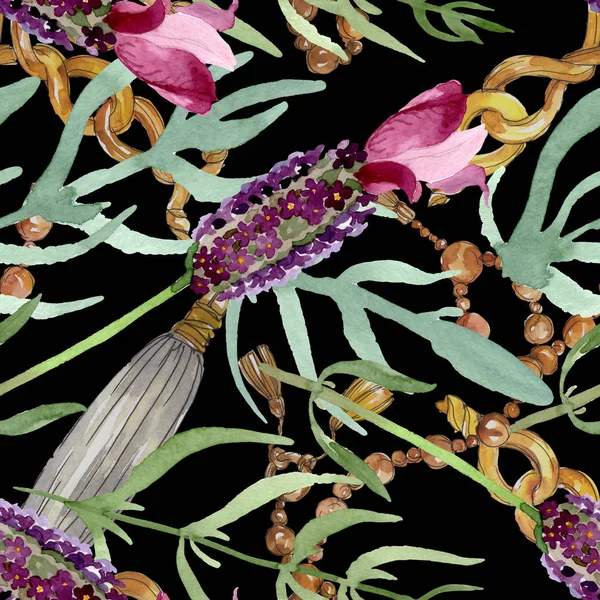 Фіолетові лавандові квіткові ботанічні квіти. Набір ілюстрацій для акварельного фону. Безшовний візерунок тла . — стокове фото