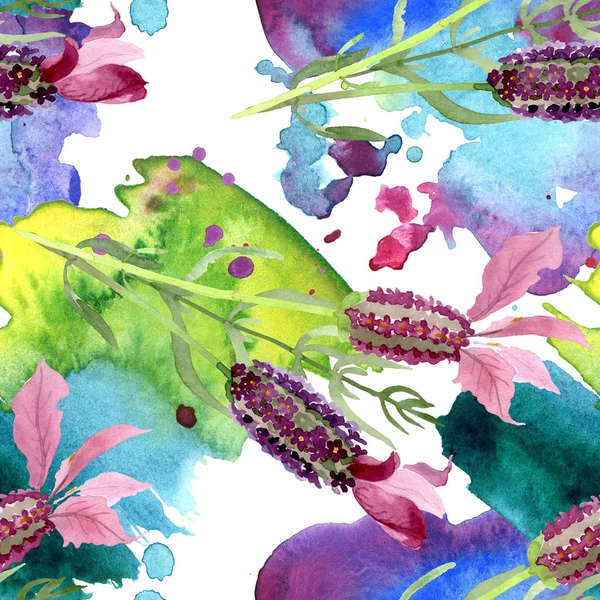 Fiori botanici floreali viola lavanda. Acquerello sfondo illustrazione set. Modello di sfondo senza soluzione di continuità . — Stock Photo