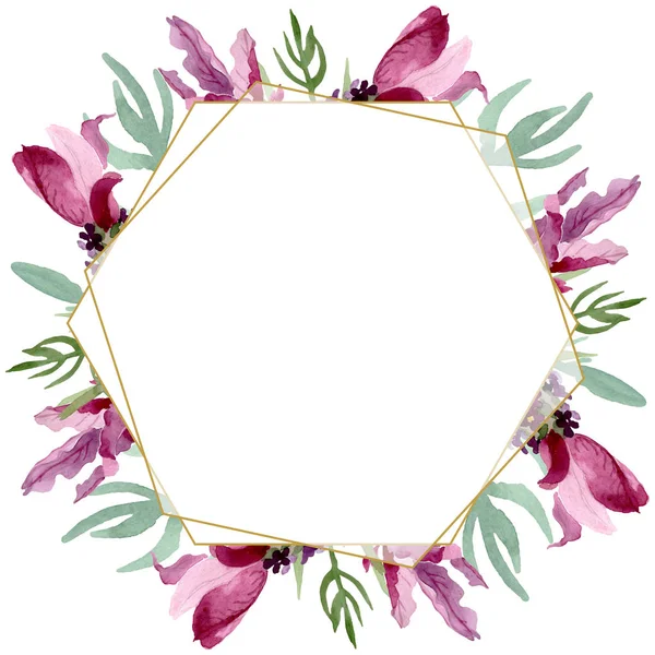 Fiori botanici floreali viola lavanda. Acquerello sfondo illustrazione set. Quadrato ornamento bordo cornice . — Foto stock