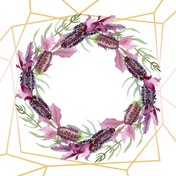 Fiori botanici floreali viola lavanda. Acquerello sfondo illustrazione set. Quadrato ornamento bordo cornice . — Foto stock
