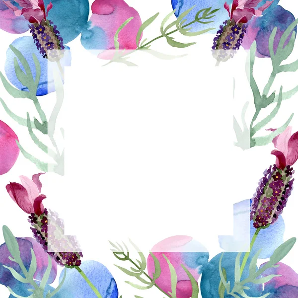 Fiori botanici floreali viola lavanda. Acquerello sfondo illustrazione set. Quadrato ornamento bordo cornice . — Foto stock