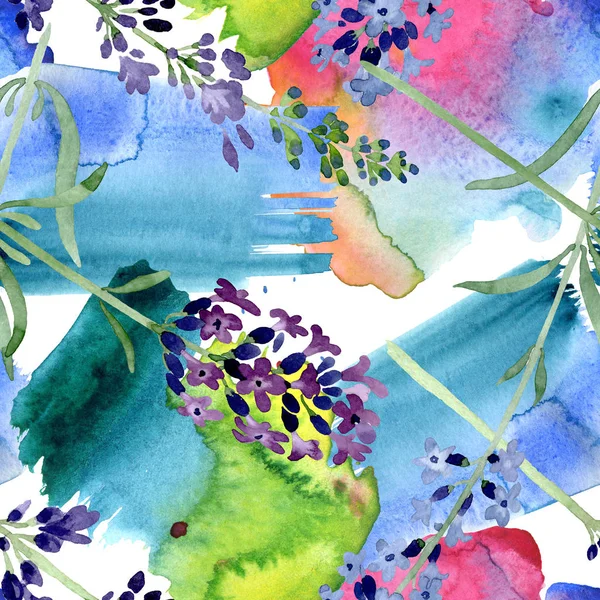 Fiore botanico floreale di lavanda viola. Acquerello sfondo illustrazione set. Modello di sfondo senza soluzione di continuità . — Foto stock